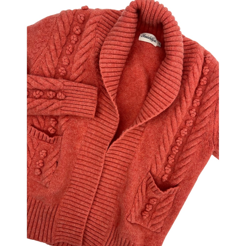 Icelandica Womens Small Coral Lambswool Cable Knit Bobble Shawl Cardigan Sweater